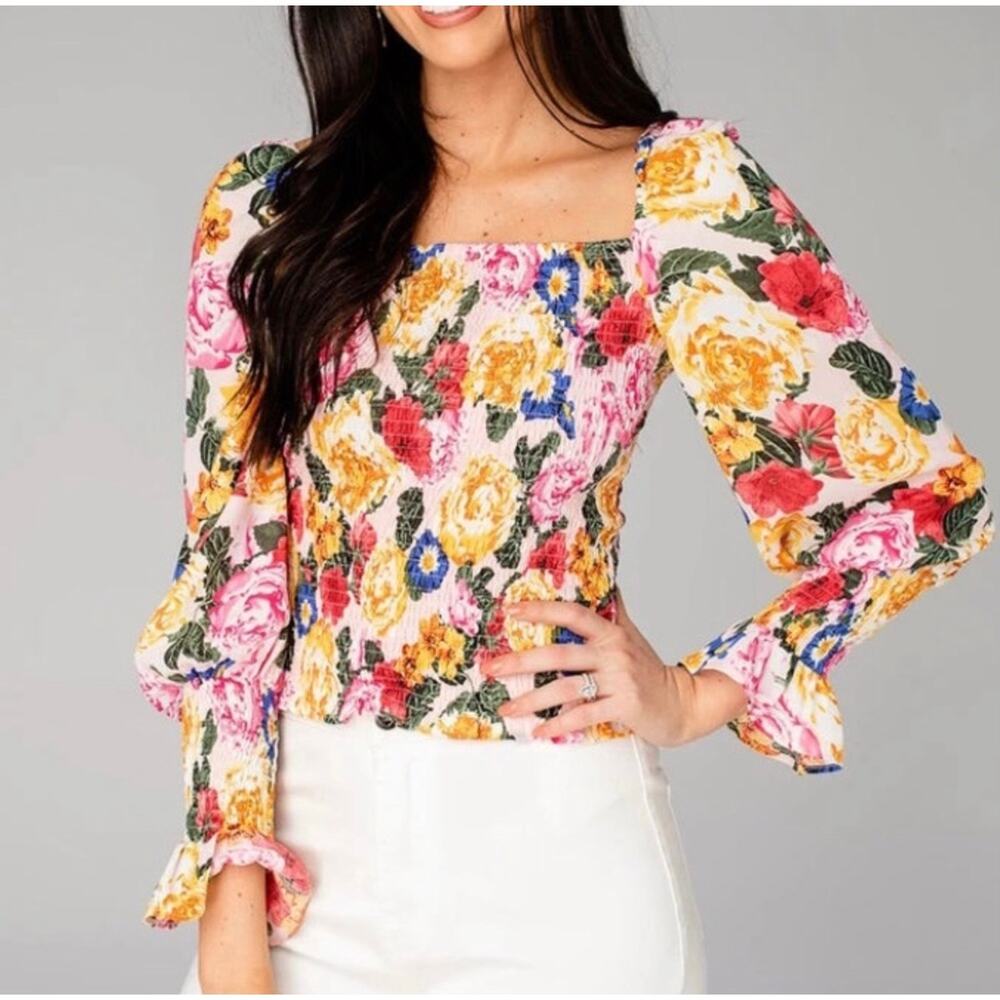 Buddy Love Floral Smocked Long Sleeve Top Size S Small NWT Yellow Multi - Picture 8 of 8